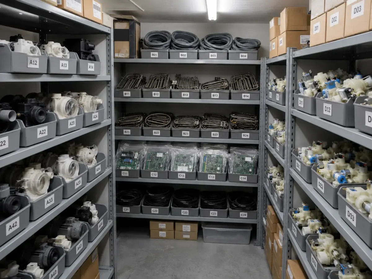 Shelves of appliance spares in the workshop stockroom — pumps, elements, seals, boards and valves in labelled bins