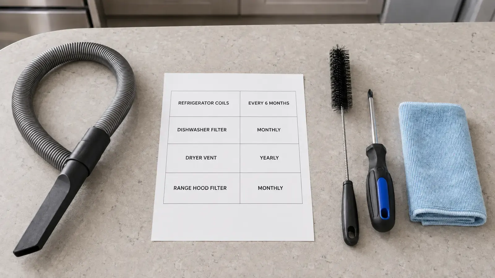 Seasonal appliance maintenance checklist with a vacuum and basic hand tools