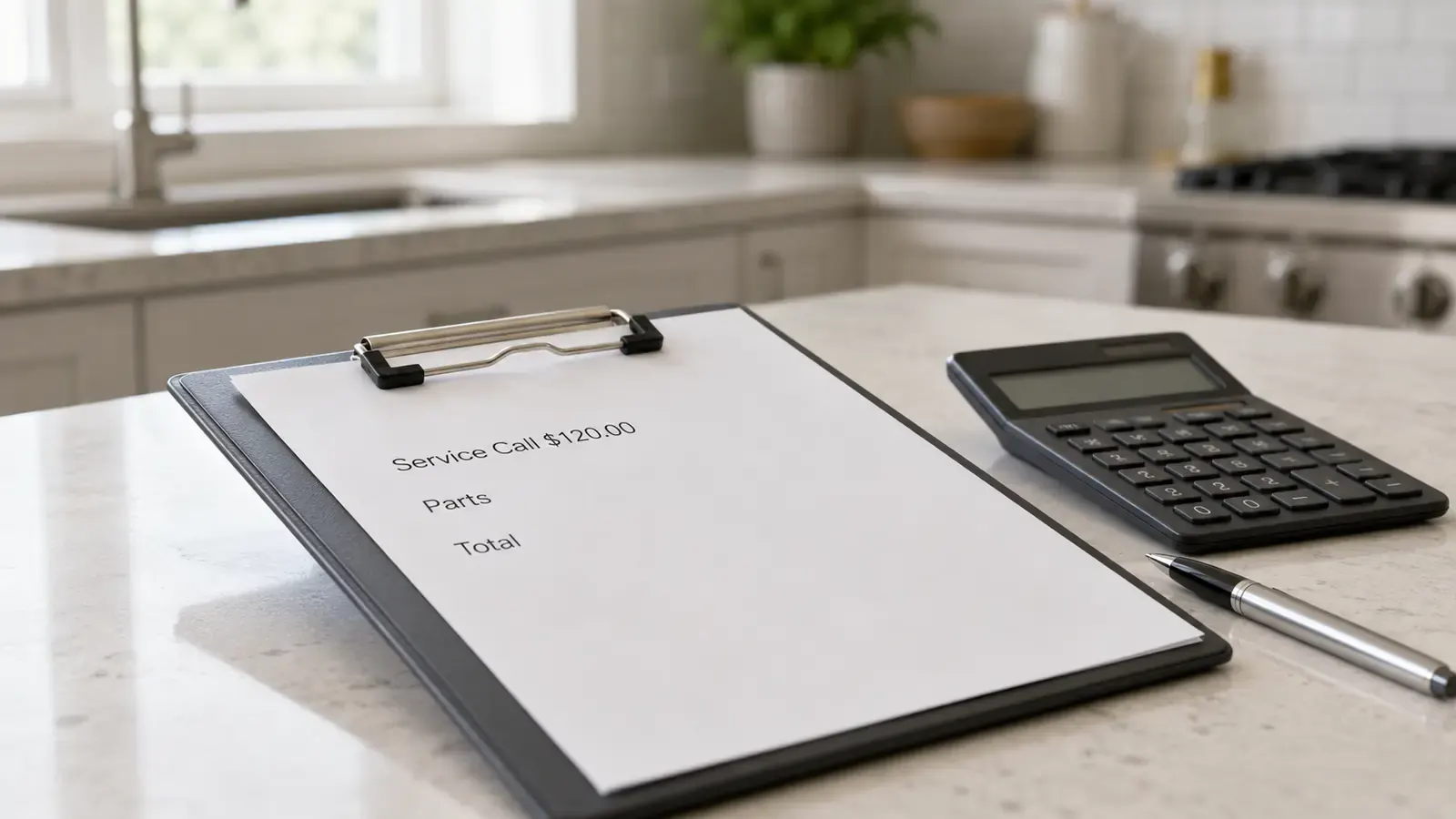 Technician writing a repair quote at a kitchen counter in Toronto