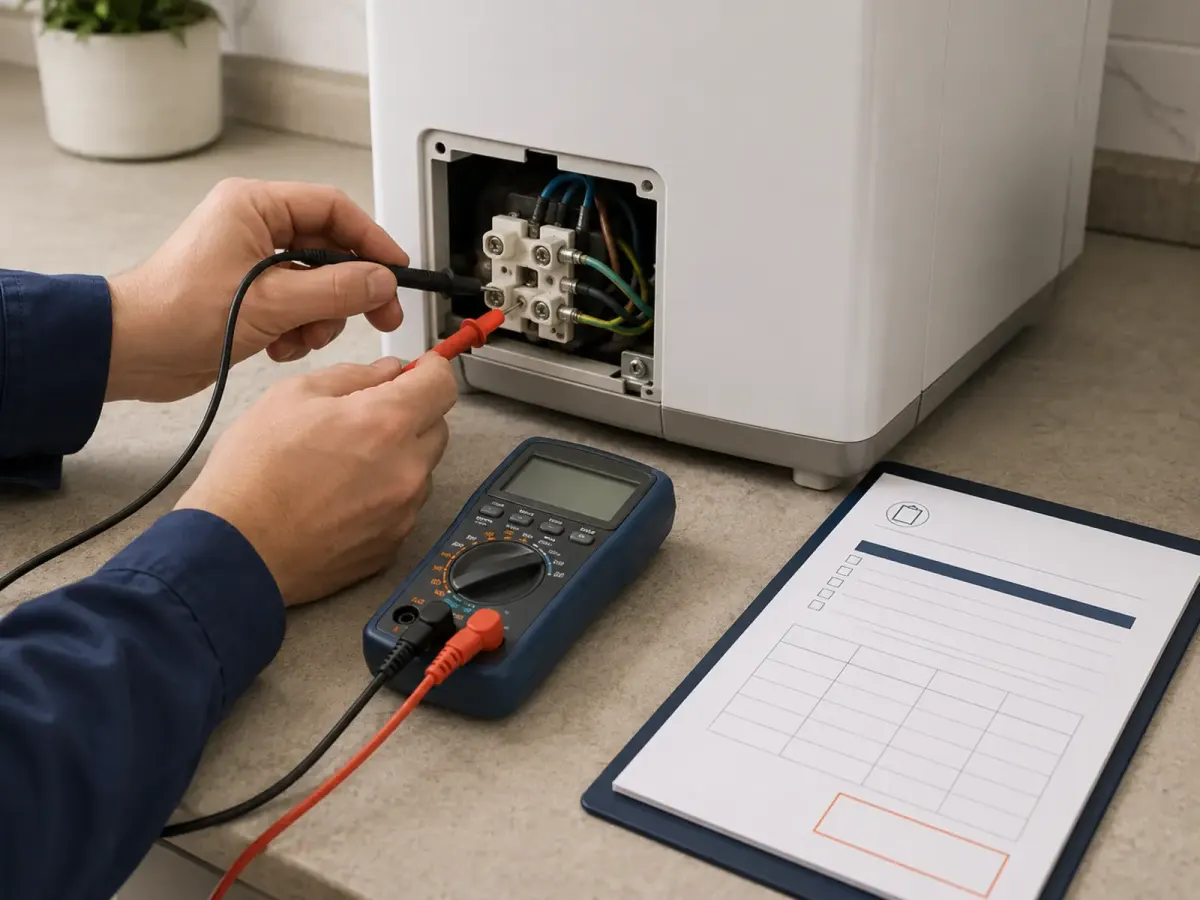 Meter probes on an appliance terminal block beside a quote pad