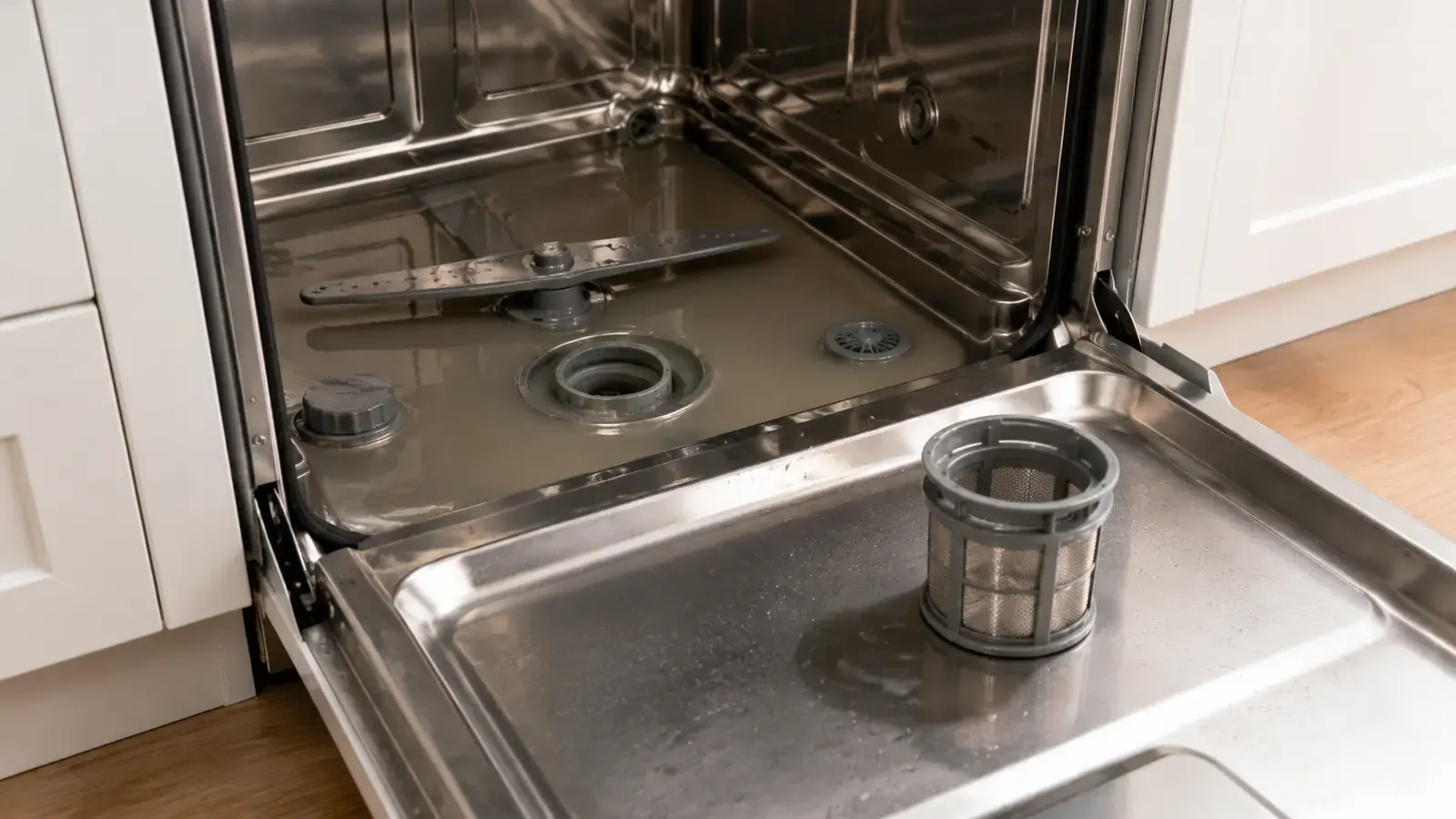 Dishwasher with standing water in the base, filter assembly removed for cleaning
