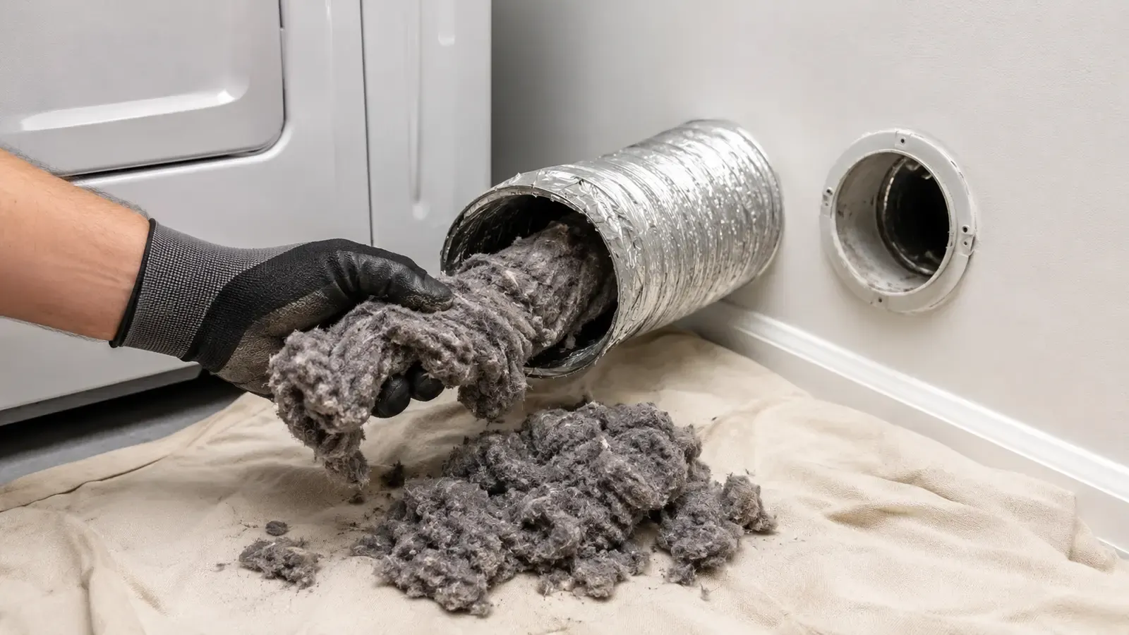 Dryer vent duct opened for cleaning, showing accumulated lint