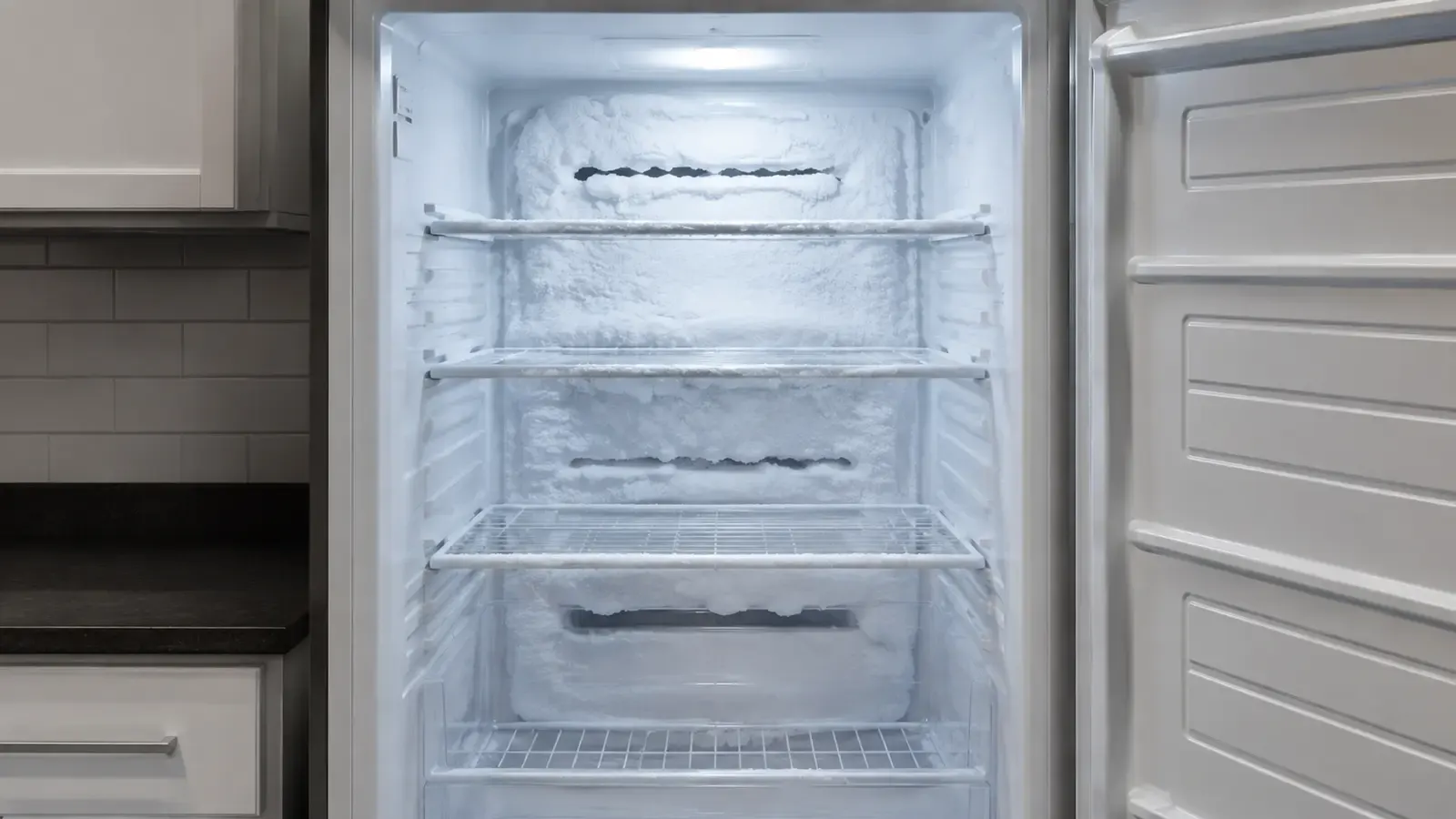 Upright freezer with heavy frost buildup on the rear evaporator panel