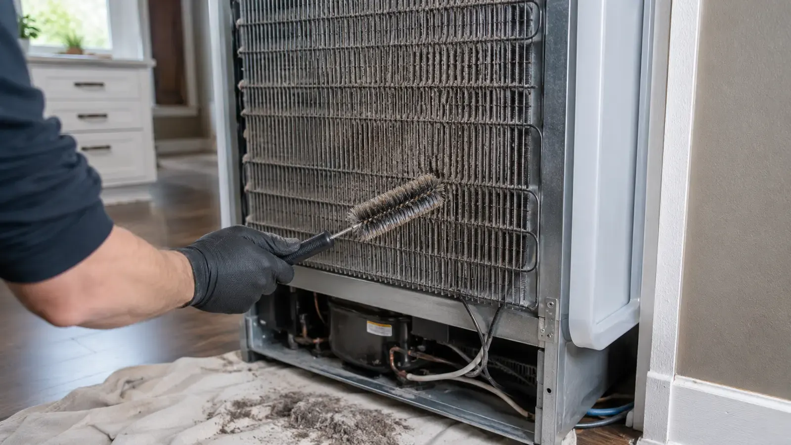 Technician checking the condenser coils on a refrigerator that is not cooling