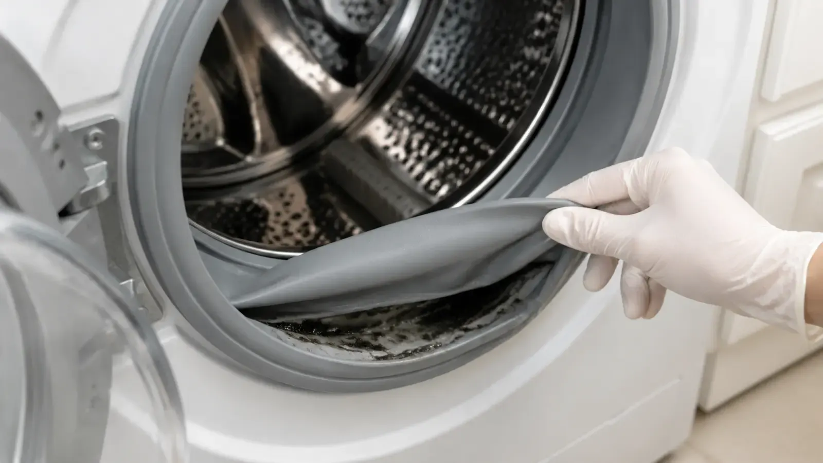Front-load washer door boot seal folded back to show the area where water collects