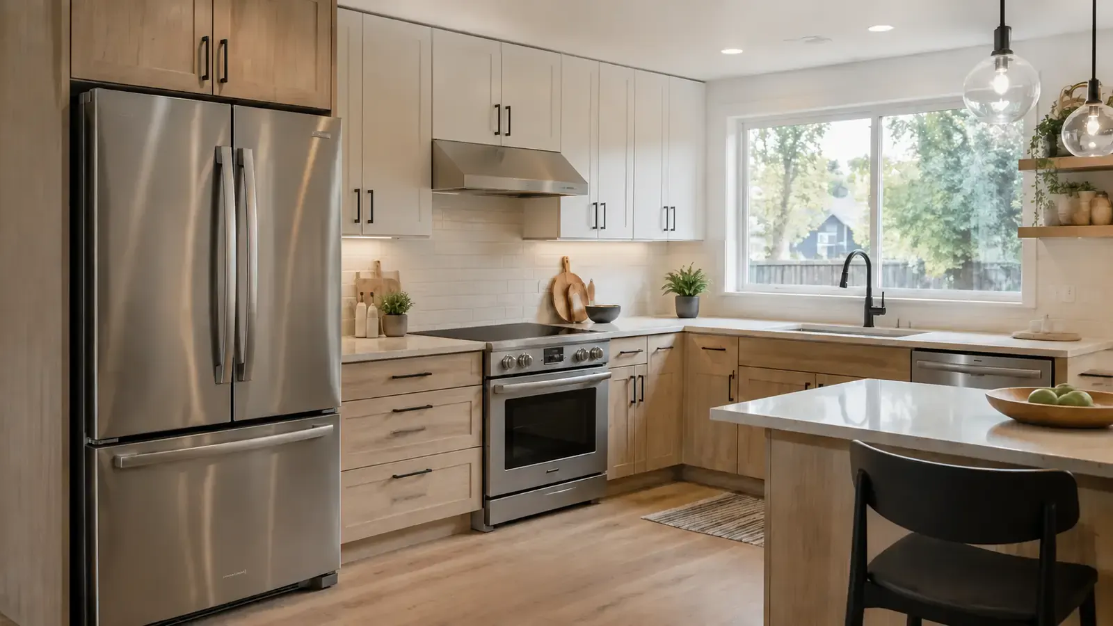Range of household appliances in a Canadian kitchen with a maintenance checklist