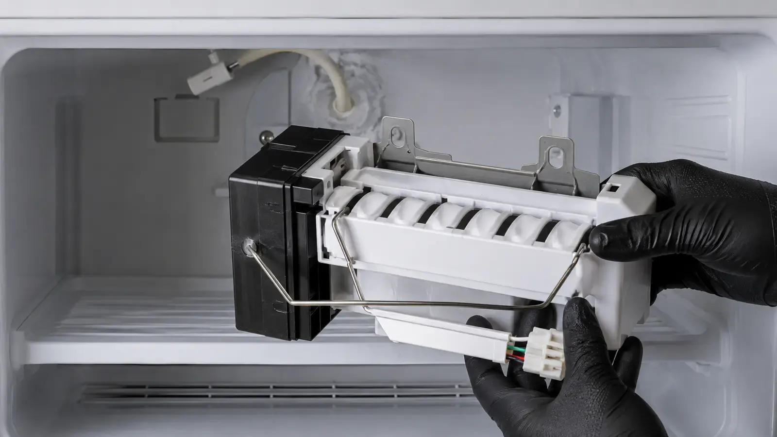 Refrigerator ice maker assembly removed for inspection during a repair