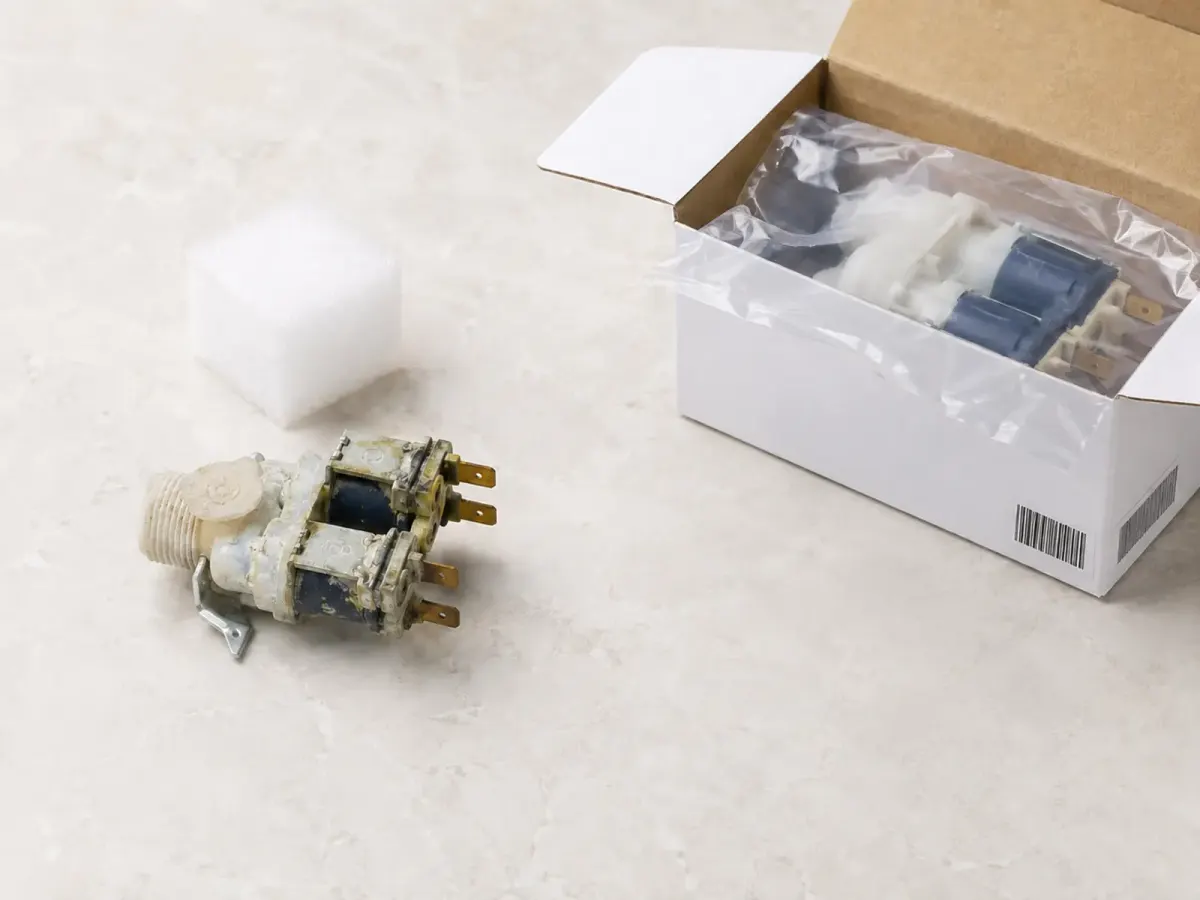 A new appliance part in its original packaging beside the worn part it replaces