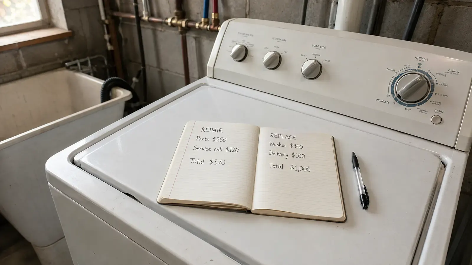 Homeowner weighing up whether to repair or replace an ageing washing machine