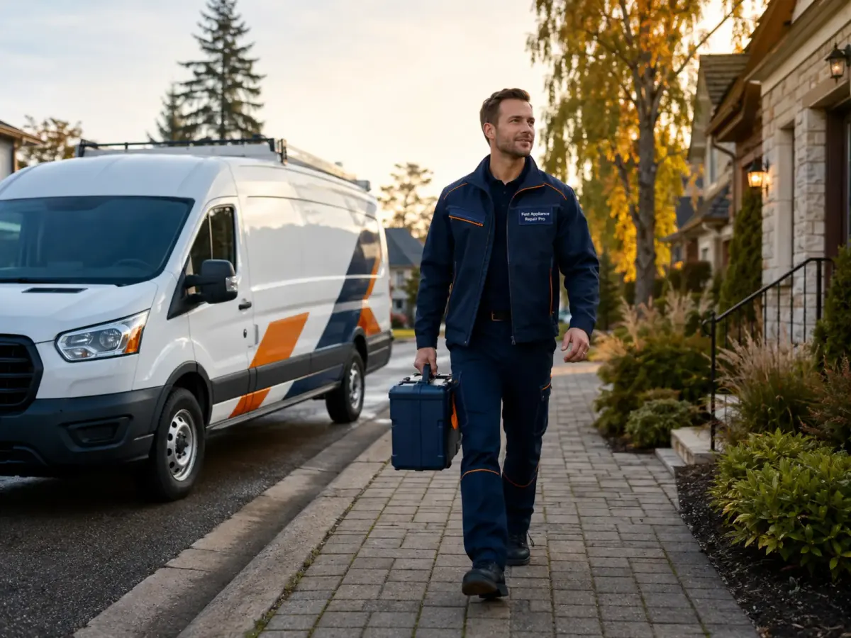Technician walking up a driveway from the van with a tool case in hand