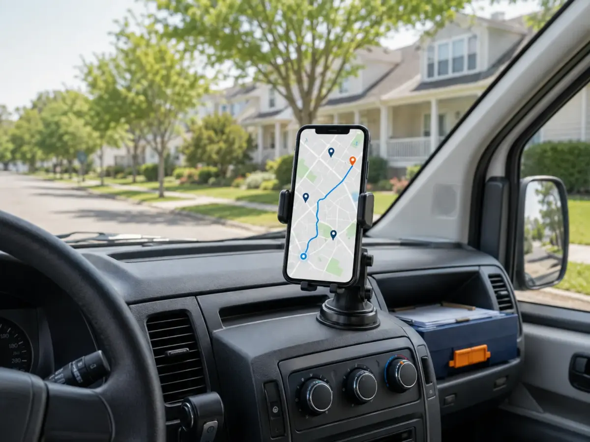 Route map on a phone mounted to the dashboard of a service van