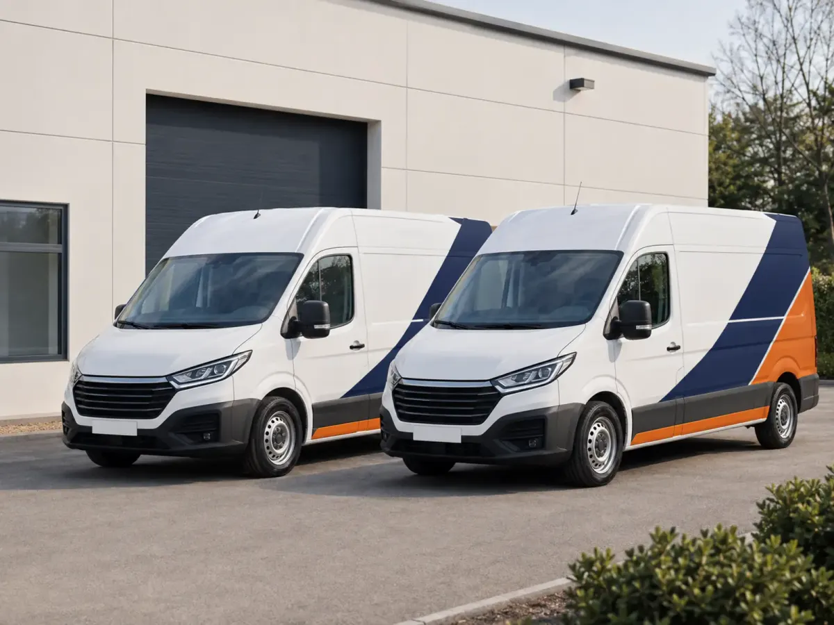 Two service vans parked outside a workshop unit
