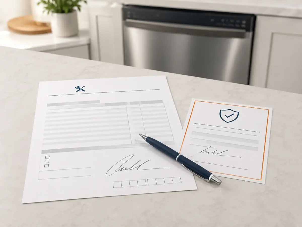 Signed invoice and warranty slip left on a kitchen counter